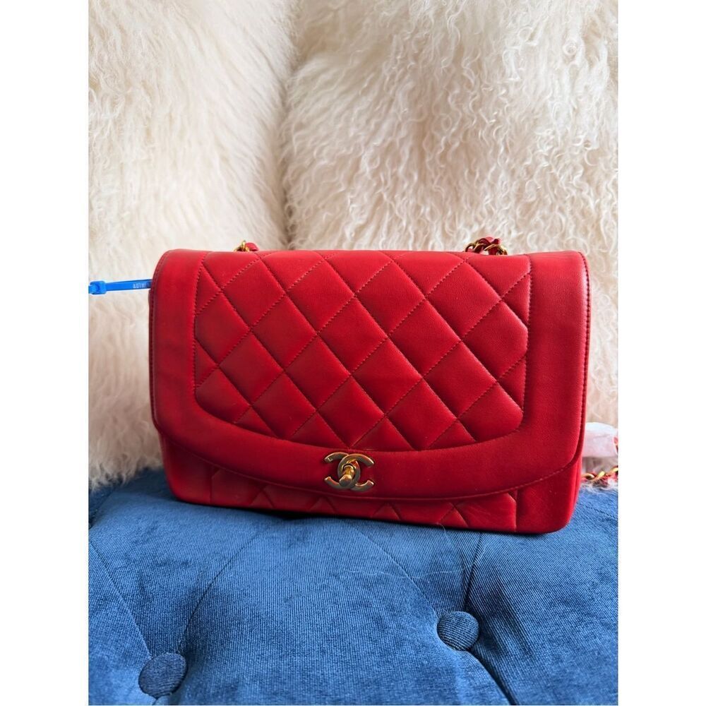 CHANEL Diana 25 Chain Shoulder Bag Lamb Skin Red CC